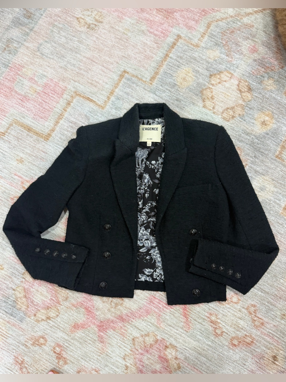 L'AGENCE Black Bouclé Double-Breasted Blazer with Floral Lining